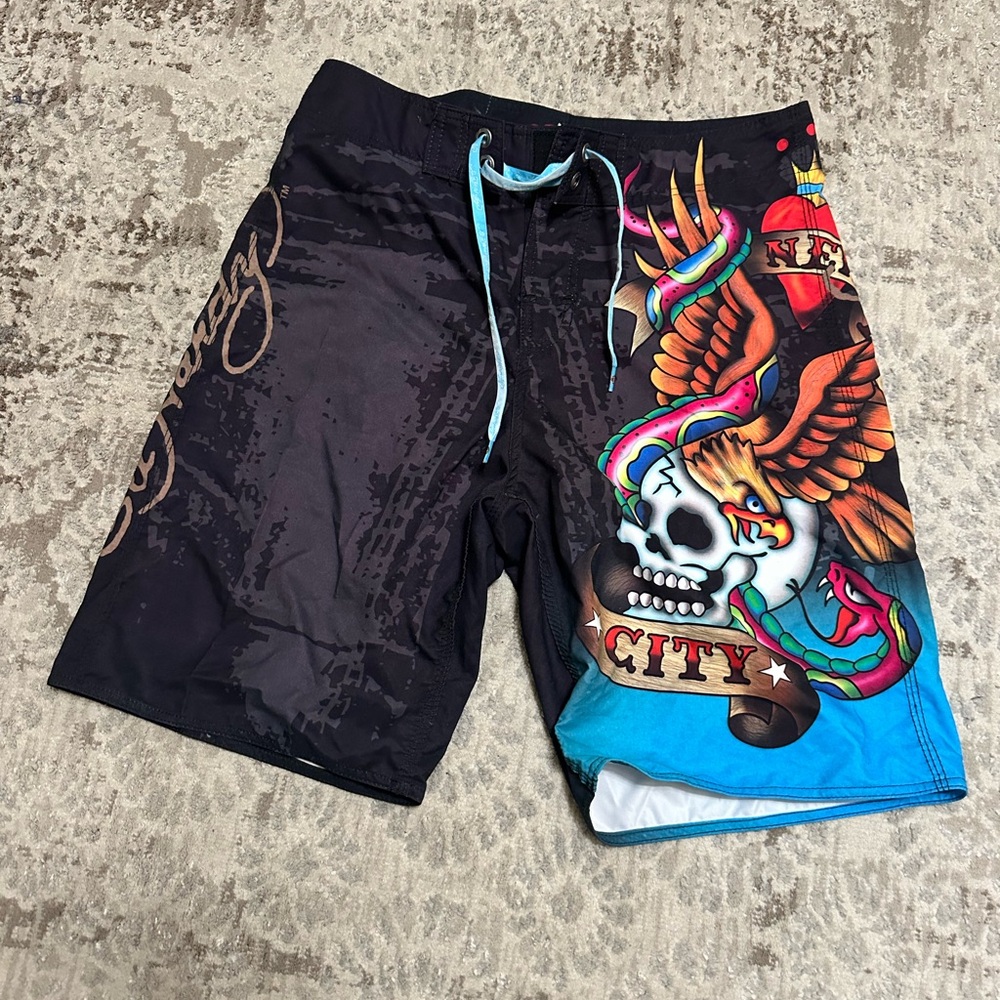 Ed Hardy Black and Blue Skull Board Shorts